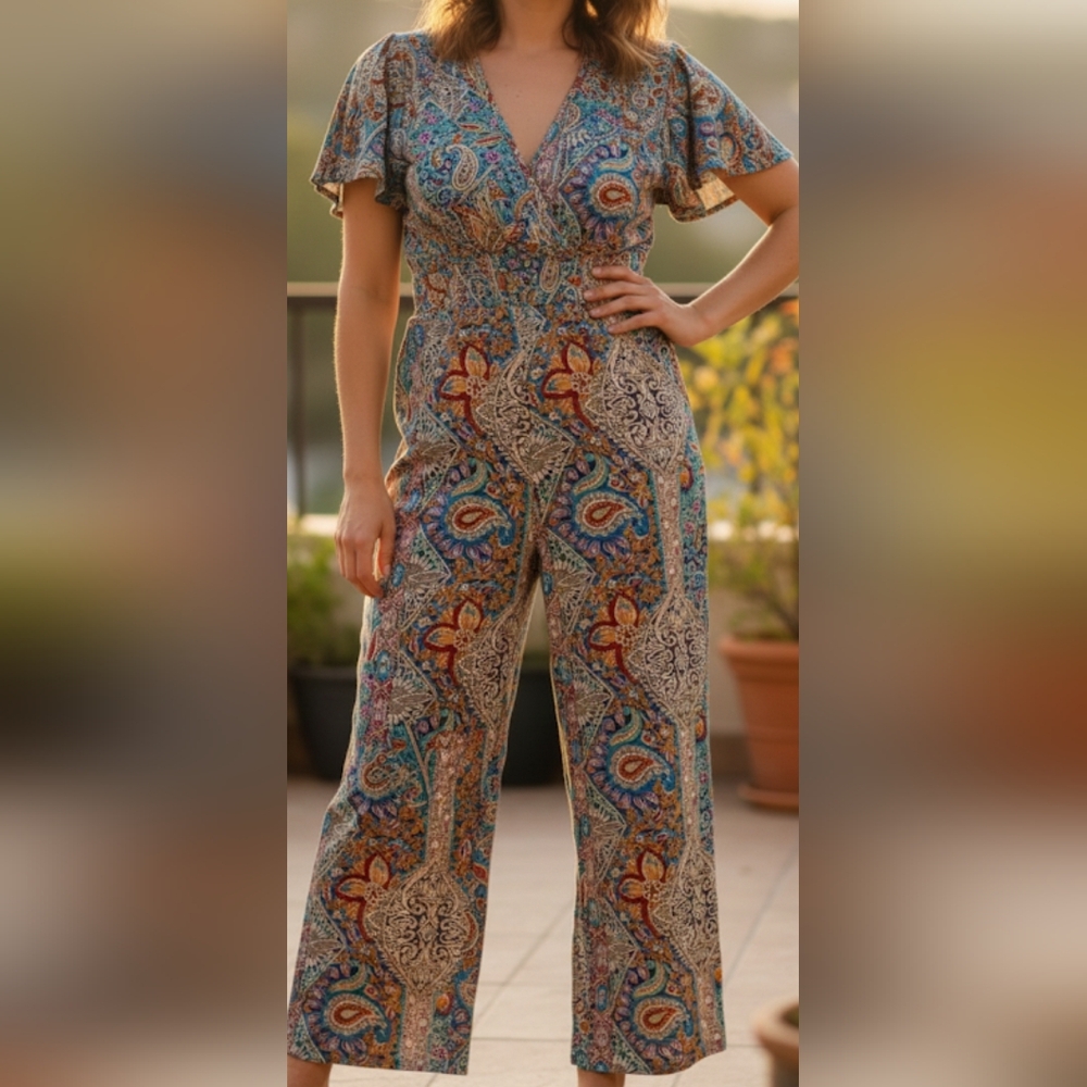 SHEIN Multicolor Paisley Print Short Sleeve Jumpsuit